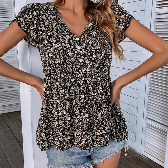New Ditsy Floral Print Tie Neck Babydoll Blouse Black - Picture 7 of 7